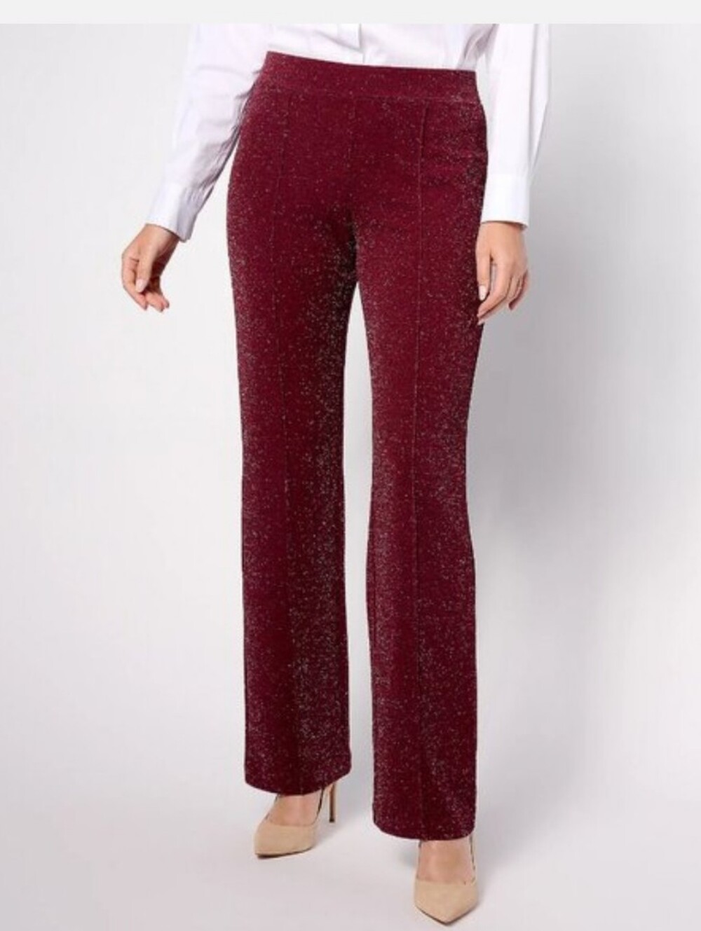 Isaac Mizrahi Live! Sparkle Crepe Boot Cut Pants Medium Tall | Maroon Metallic